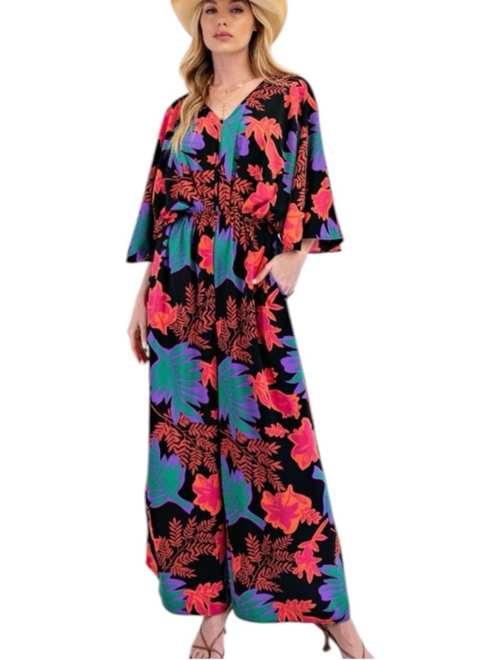 Easel Black Floral Wide-Leg Jumpsuit Relaxed Fit with V-Neck_NWT_Sz Medium